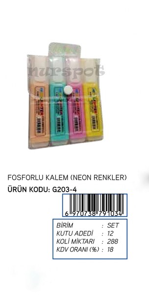 toptan keçeli fosforlu kalem 4 lü set   2034