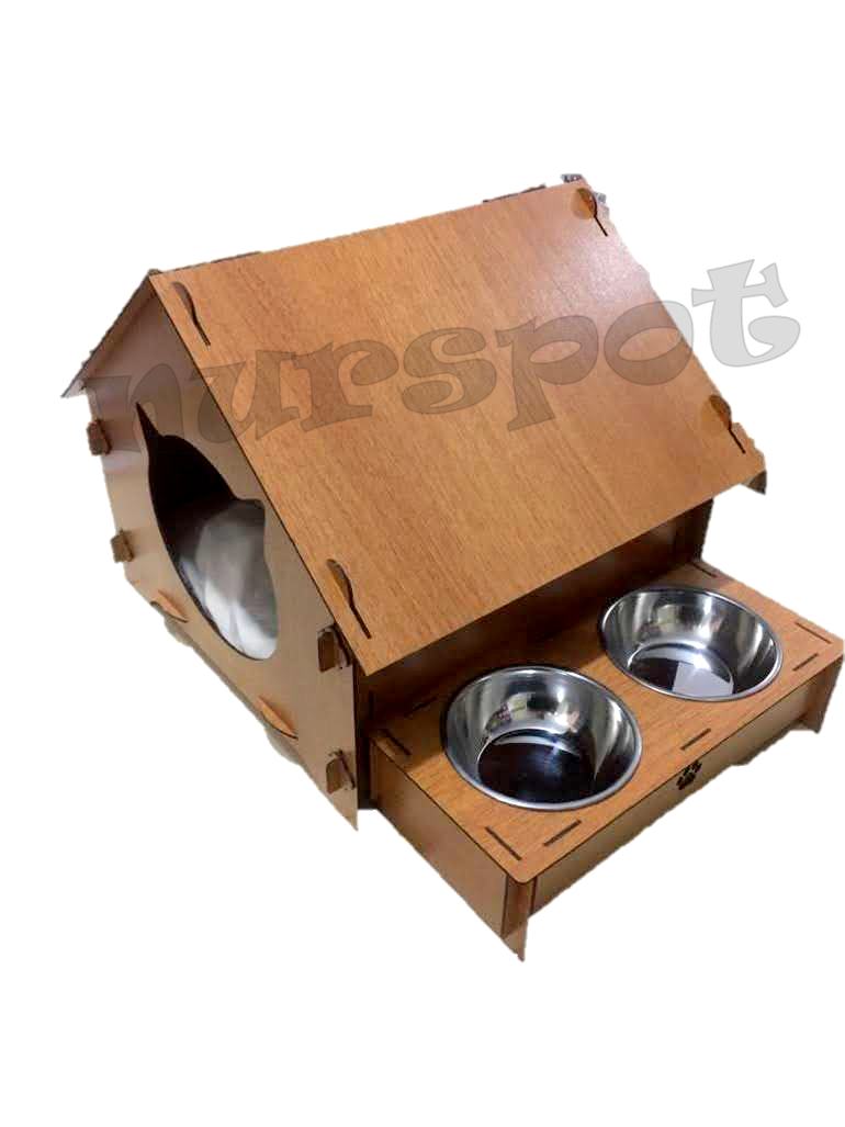 toptan ahşap kedi evi ve mama kabı seti T18