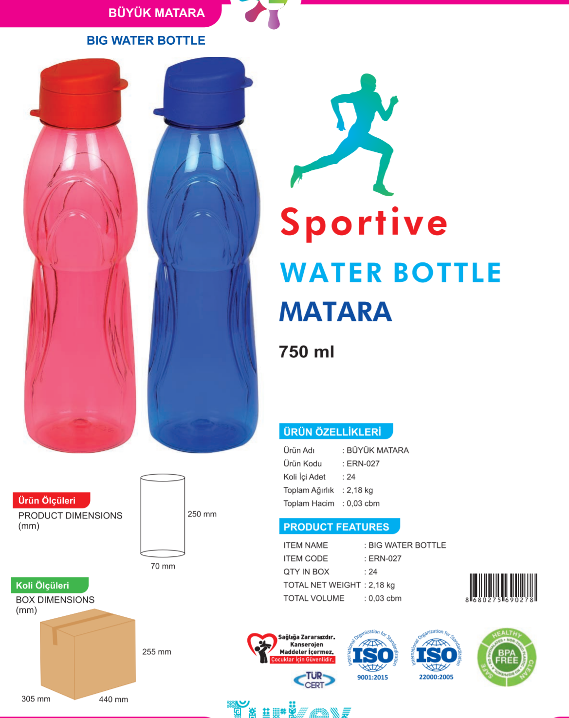 toptan su matarası 750 ml büyük boy  327