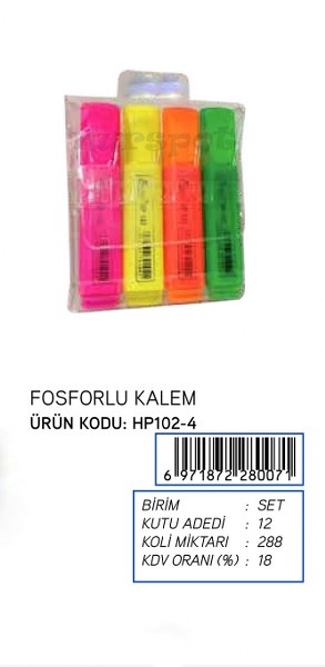 toptan fosforlu keçeli kalem 4 lü set   1024