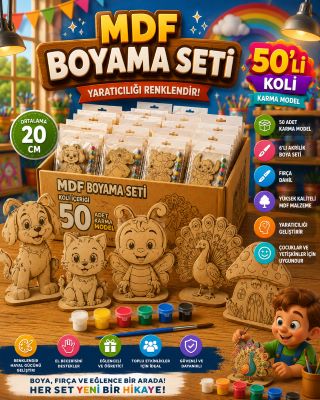 MDF Boyama Seti – Karma Model, 6’lı Akrilik Boya ve Fırça Dahil